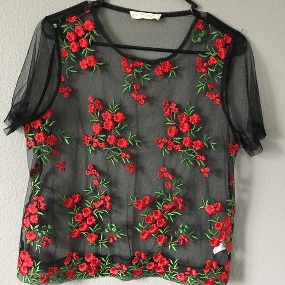 Twinkle Tops - Twinkle Black Mesh Top Embroidered Red Roses